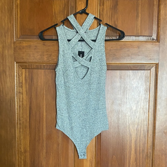 Express Tops - Express Heather Gray Crisscross Neck Bodysuit